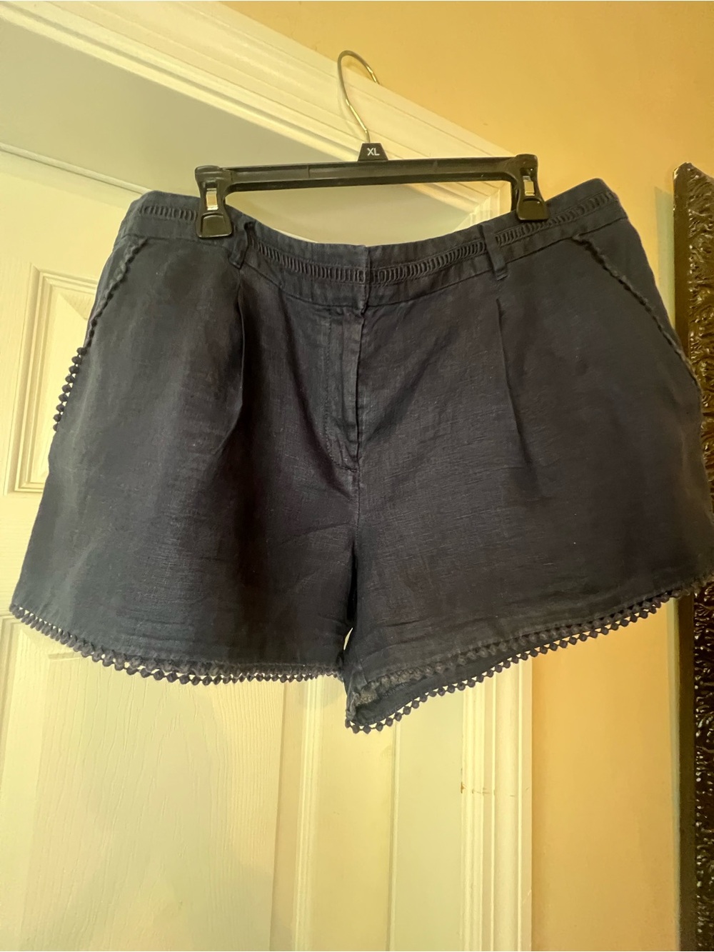 LOFT Navy High-Waist Pom-Trim 100% Linen-Blend Shorts
